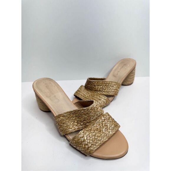 Chocolat Blue Sandals Size 8 Raffia Slide Sandals Block Heel Leather Lining - Picture 2 of 8